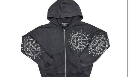 Mixed Emotion Eclipse Grey Acid Wash Rhinestone Hoodie