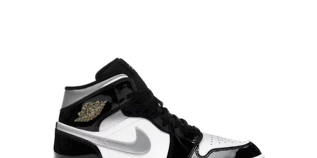 Jordan 1 Mid Patent Black White Metallic Silver Gold